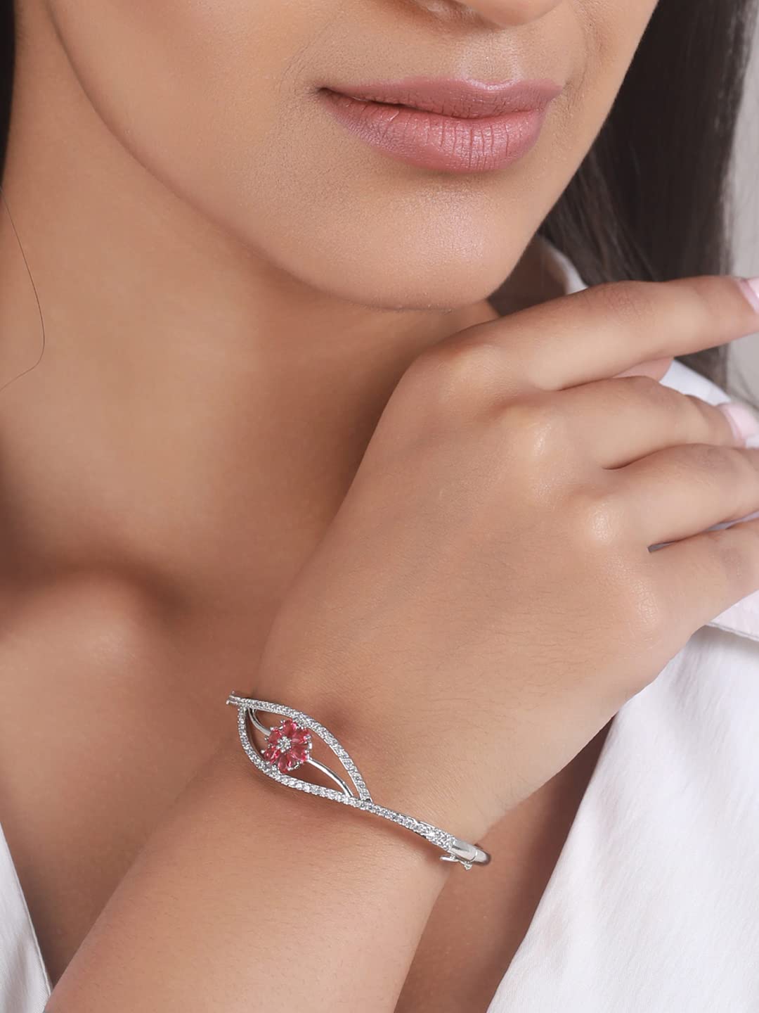 Pink Floral Leaf AD-Plated Bracelet