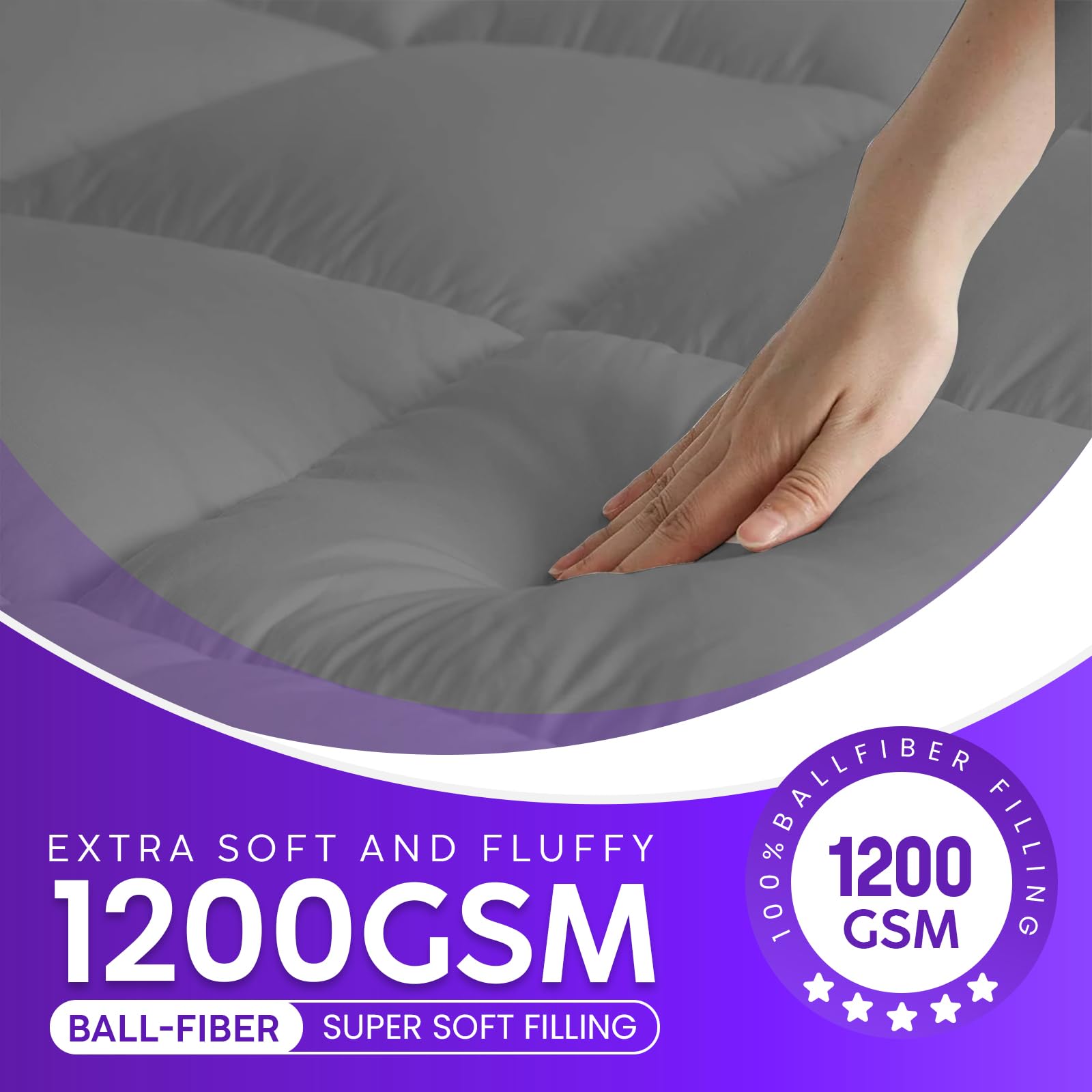 Linens World Mattress Topper Double Bed 10cm Thick, Quilted Super Soft Microfiber Topper, 1200GSM Anti-Allergy Fiber Fill, Washable with Strong Elastic Straps for Extra Comfort (137×190cm) — view 39