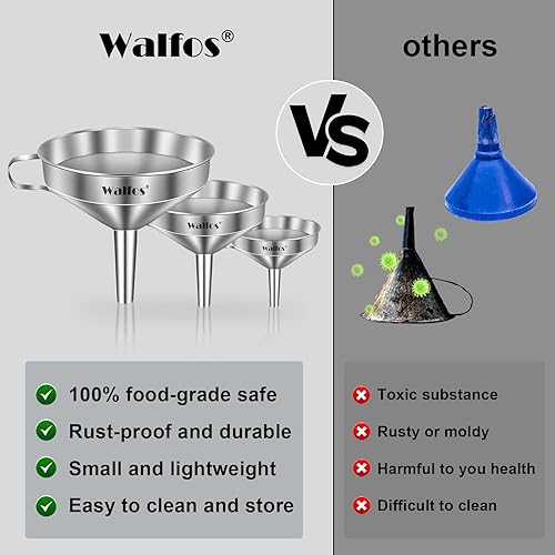 Miniatura 53 de walfos 4 embudos de plástico de cocina (sin BPA), embudo automotriz para transferencia de líquidos, embudos para llenado de botellas, recipientes