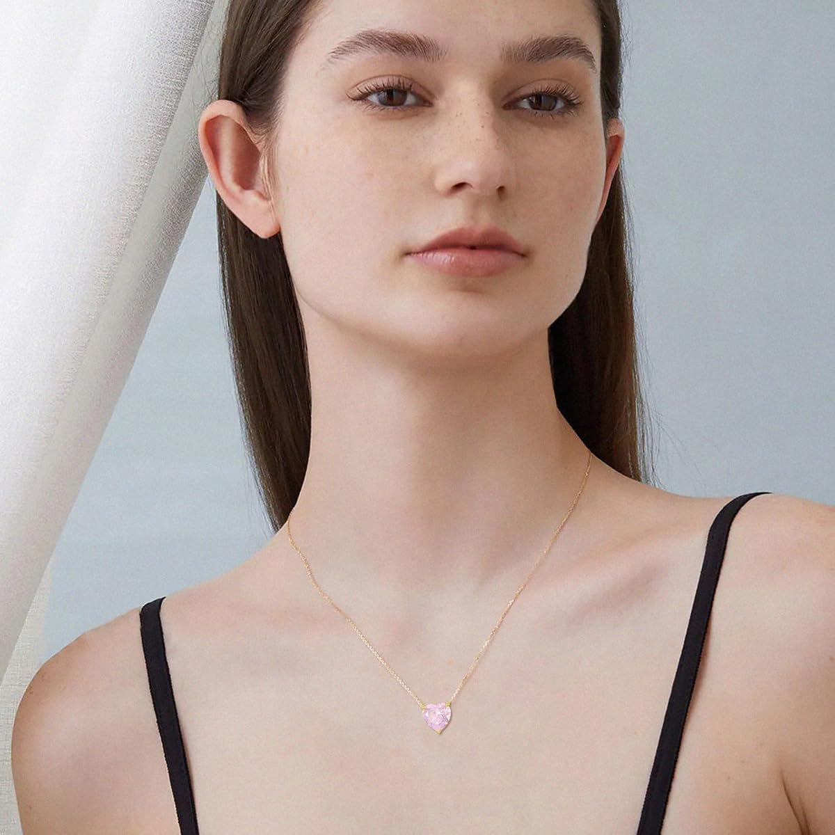 14K Real Gold Heart Pendant Necklace for Women,Yellow Gold Crushed Ice Flower-Cut Solitaire CZ Choker Necklaces Birthday Gifts for Her Wife Mom, 16+2 Inch - Image 2