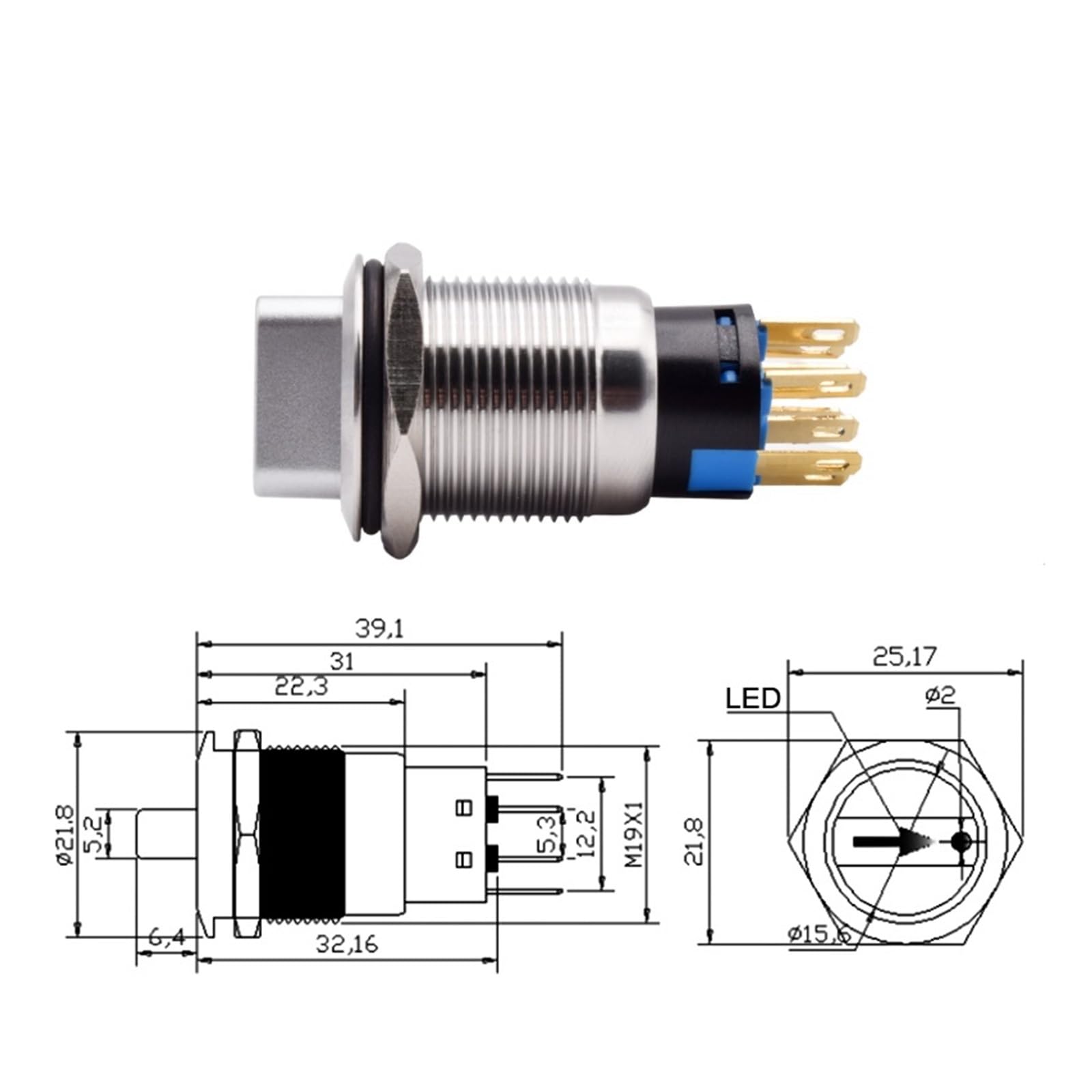 Produktbild von 19 Mm Drehschalter 2 Positionen – 12–24V, SPDT 1NO 1NC, Verriegelnd, Mit Blauer LED, Für Kfz & Schalttafeln