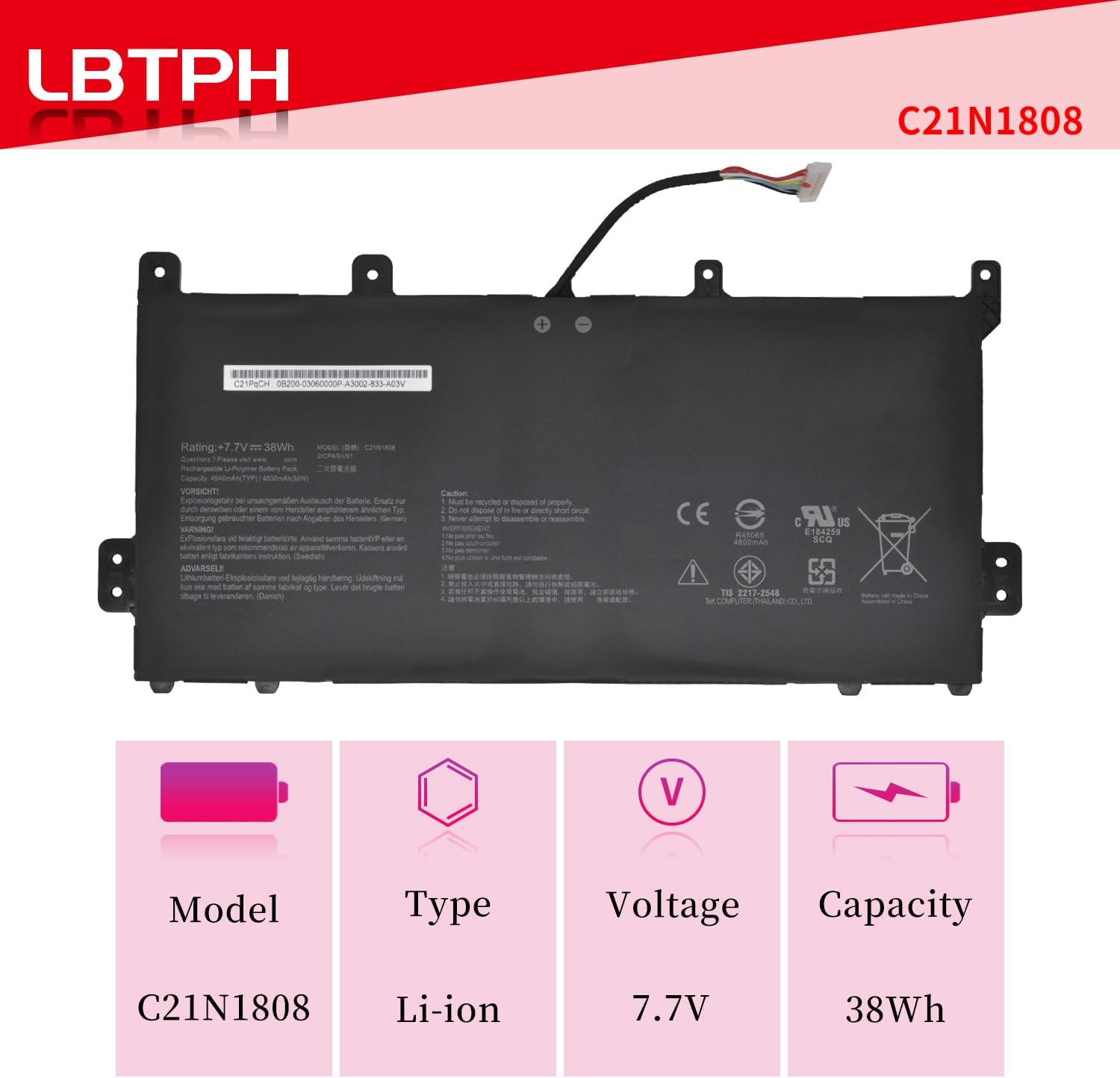 C21N1808 Battery for Asus Chromebook C423 C423NA C523 C523NA C523NA-DH02 C523NA-IH24T Series C21PqCH 0B200-03060000 7.7V 38Wh /4940mAh