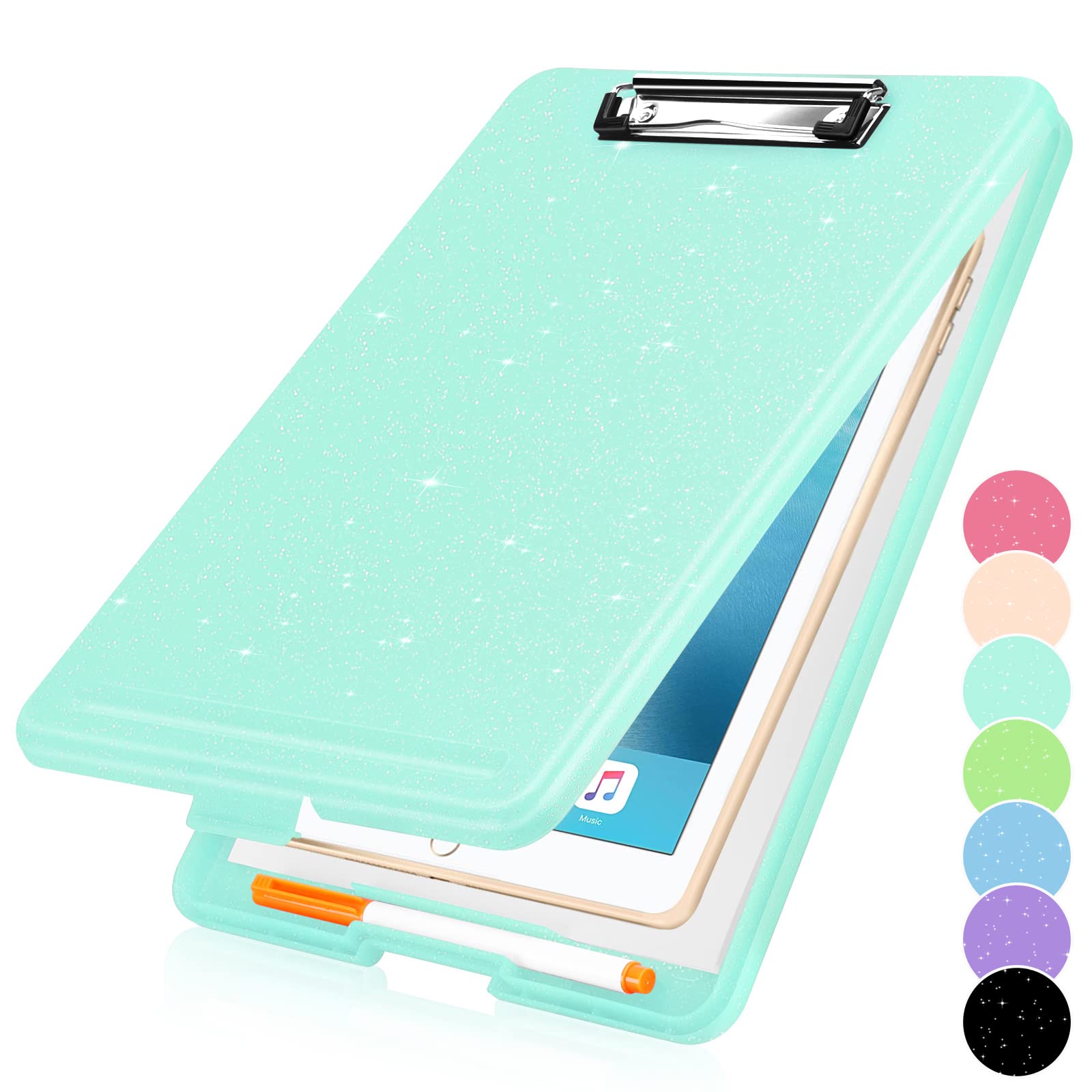 Sooez Glitter Clipboard with Storage, Cute Clip Boards 8.5x11 with Storage, Sparkle Plastic Clipboard Folder for Women, Nurse Accessories Essentials, Office & School Supplies Letter Size A4, Turquoise