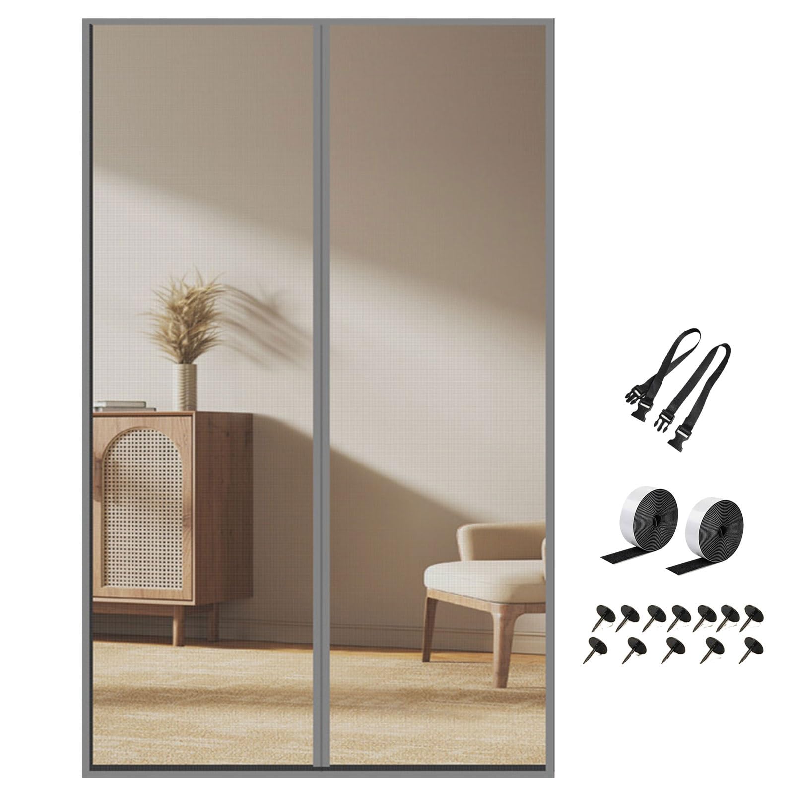 Moustiquaire magnétique pour porte en fibre de verre avec sangles amovibles