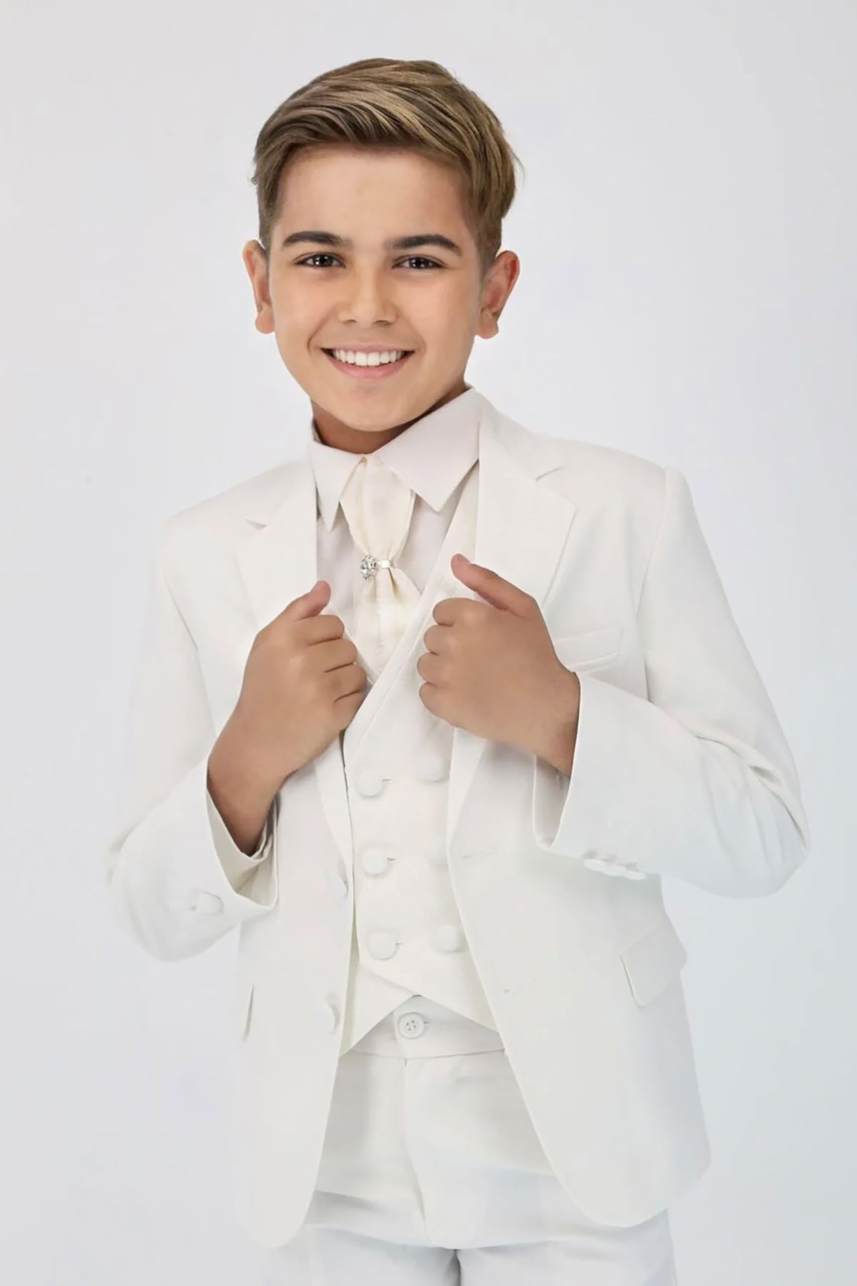 Costume Luxueux 5 pièces Ivoire pour garçon avec Gilet croisé - Ensemble de baptême de Communion Coupe Slim, 1 à 16 Ans