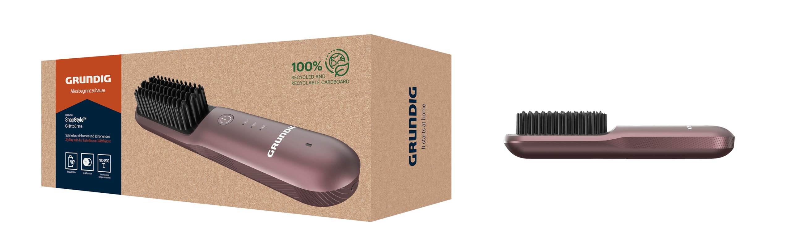 GRUNDIG HB 6450 - Cepillo alisador inalámbrico Snapstyle, 3 niveles de temperatura, batería de iones de litio, hasta 40 min de autonomía, revestimiento cerámico, función iónica, carga USB, incluye