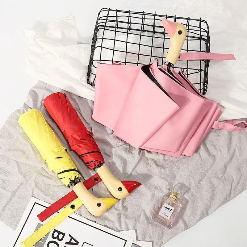 Duck Umbrella, Wooden Handle Windproof Cute Duck Head Folding Umbrella, Lightweight and Compact