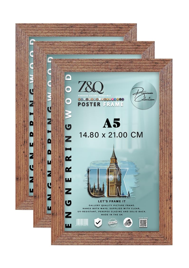 Z&Q Pack of 3 Flat Versatile MDF Wood Finish A5 (14.80 x 21.00 CM) Poster Frame | for Art Gallery 8 x 5.5 Inch Wall Décor & Room Display [ Rustic ]