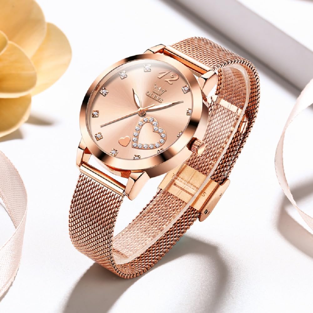 OLEVS Damenuhr Roségold Herz Diamant Schwarz Weiß Quarz wasserdicht Armreif Armband Set