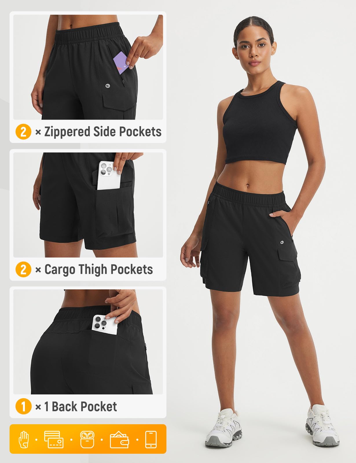 baleaf Pantaloncini cargo da donna con tasche con cerniera, resistenti all'acqua, ad asciugatura rapida, a vita alta, per passeggiate all'aperto, golf, viaggi estivi