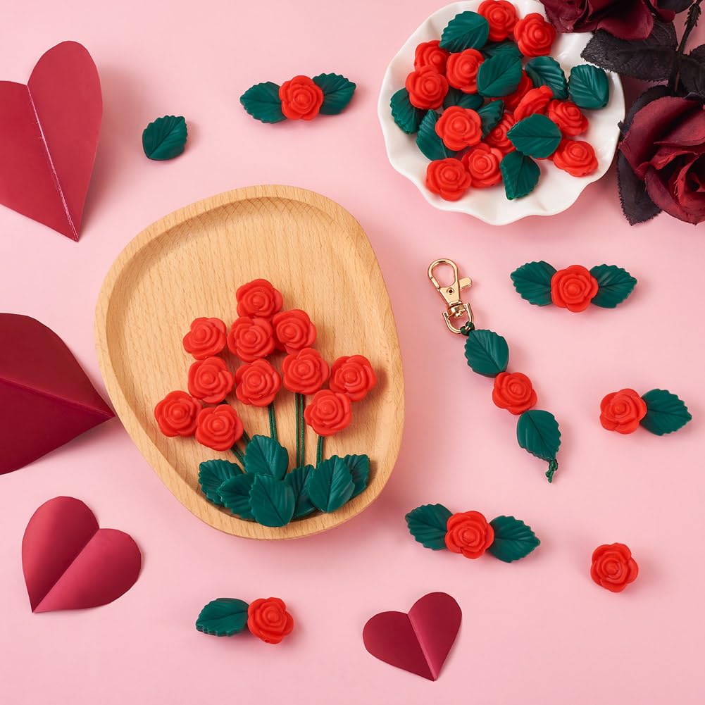 Cheriswelry 40pcs Rose Flower Silicone Focal Beads with Leaves, Rubber Beads, 1mm Nylon Thread for DIY Necklaces Making Kit - Image 4