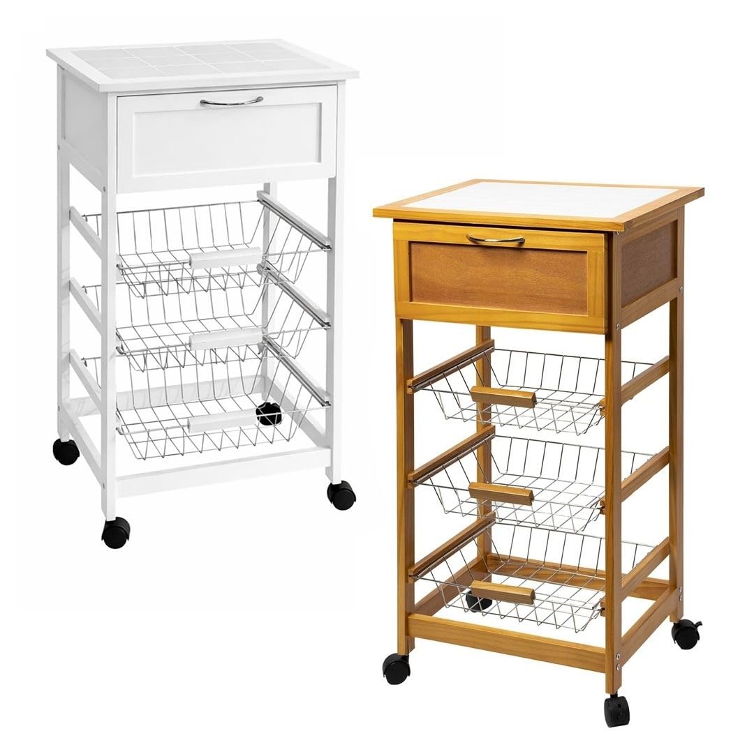 Carrello Mobile Cucina Cantina in Legno con Top Ceramica, Bianco o Legno Naturale, 3 Cesti Estraibili e 1 Cassetto, con Ruote, Salvaspazio h85x47x37 cm (Bianco)