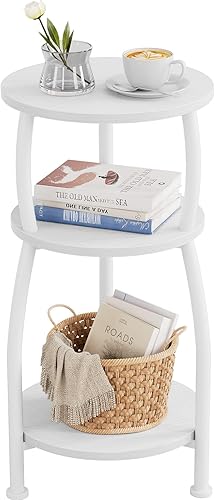 Miniatura 13 de Mesa auxiliar redonda pequeña, mesa auxiliar de 3 niveles con estante de almacenamiento, mesa de sofá delgada, mesa de café, mesita de noche Marrón