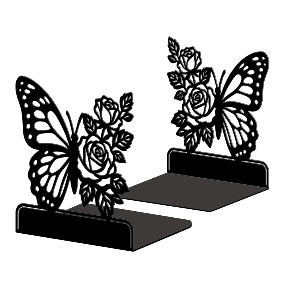 Peacoblue Metal Bookends for Shelves, Modern Decorative Heavy Duty Study Book Ends Stoppers for Office, Desk, Shelf, Room 5.3"x4.3"x5.7" Cast Iron Simple Tall Bookends 1 Pair (Butterfly with Roses)