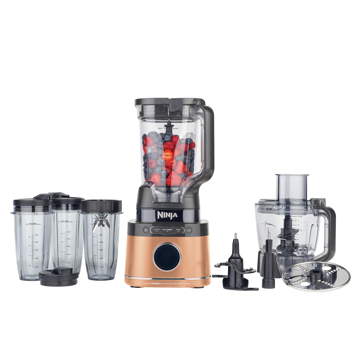 Ninja 3-in-1 Detect Power Blender Processor Pro, kraftvolle 1200W Küchenmaschine, Single Serve & Knethaken, 1x Single Serve Tasse, Krug, Teig, mischen & hacken, Kupfer/Schwarz, TB401EUCP