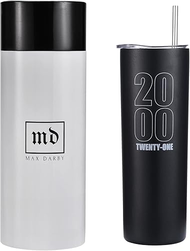 Max Darby Regalos de cumpleaños número 21 para él o ella, vaso de 20 onzas con tapa deslizante y popote de acero inoxidable, 8 variaciones de color,