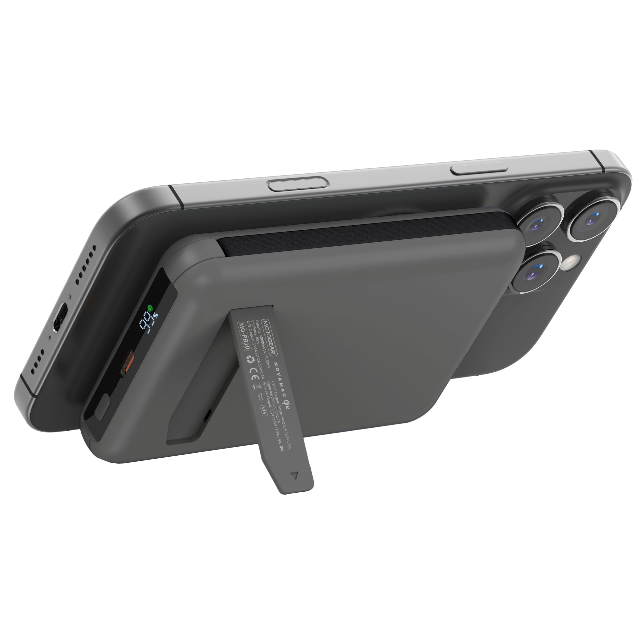MOJOGEAR NovaMag All-in-1 Power Bank 10000mAh - Wireless Qi2 Super Fast Charge - Cavo USB-C e Lightning integrato - Compatibile con iPhone e Samsung - Mag Safe Powerbank - Display LED - Grigio