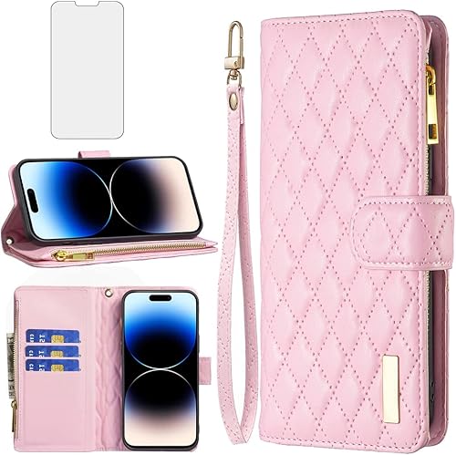 Asuwish Funda de teléfono para iPhone 14 Pro de 6.1 pulgadas con protector de pantalla de vidrio templado y tarjetero de cuero con tapa para