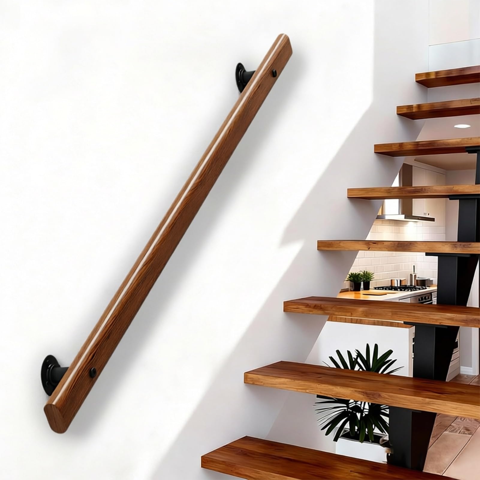 DMCHENGMA Wooden Stair Rail - Smooth Finish Wall-Mounted Support Rod with Brackets Handle Perfect for Kids and Seniors(8ft/240cm)