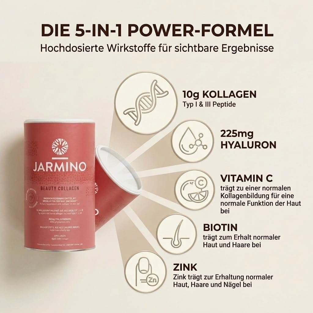 JARMINO Collagen Peptide mit Hyaluronsäure - Kollagen Pulver mit Vitamin C, Biotin, Zink - 450g - 30 Portionen - Für Strahlende Haut, Gesundes Haar und Starke Nägel | Collagen Powder mit Hyaluronsäure, Unterstützt Haut Haar Nägel, 30 Portionen, Kollagen P