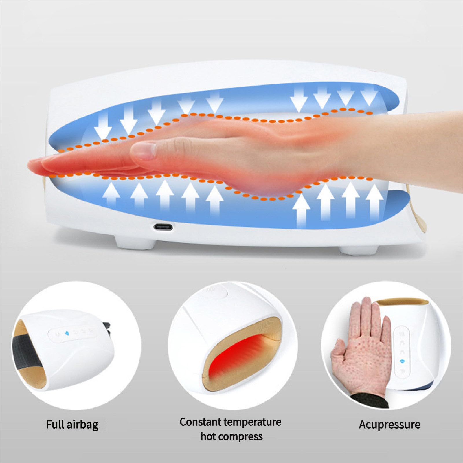 Masajeador de Manos inalámbrico con máquina de Calor, Masaje multinivel, diseño con división de Dedos, 2 Niveles de Control de Temperatura, Agarre para Padres