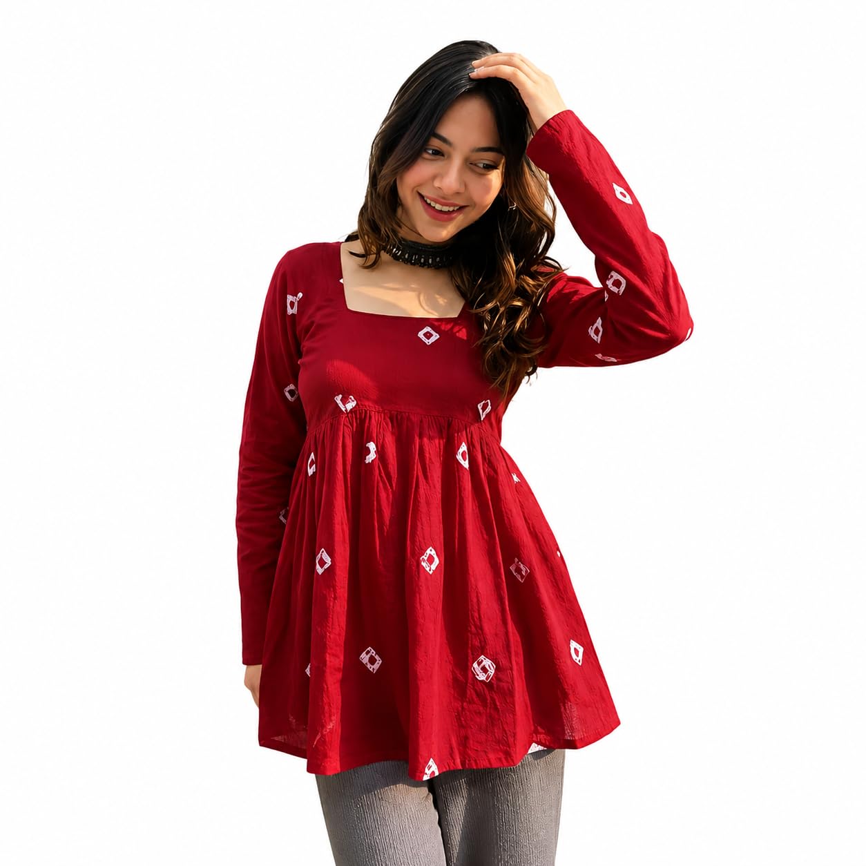 Women's Bandhani Printed Cotton Kurti Top, Square Neck, Full Sleeves, Flared Hem, Ethnic Style-image-2