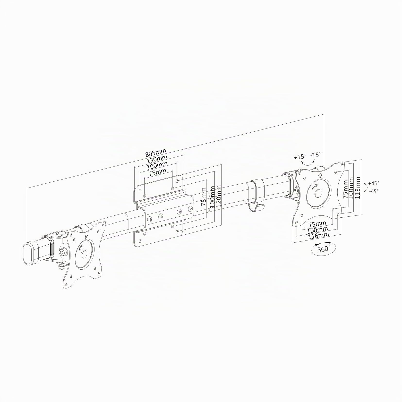 PureMounts PM-OFFICE-AD Adaptateur double écran pour 2 écrans 33-69 cm (13-27 pouces), inclinable: -45 ° à 45 °, orientable: -15 ° à 15 °, pivotant: -180 ° à 180 °, max. 10 kg, VESA 100x100, noir