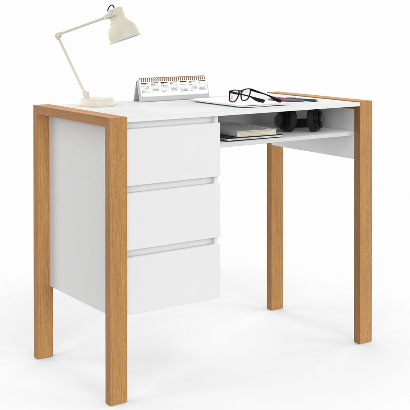 IDMarket Hugo - Escritorio escandinavo con 3 cajones y nicho blanco y madera