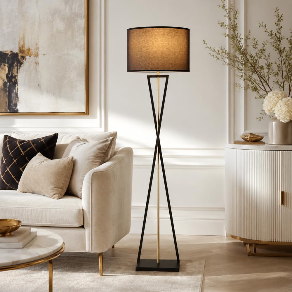 Wylolik Modern Floor Lamp with Fabric Shade, 3 Color Dimming Standing Light