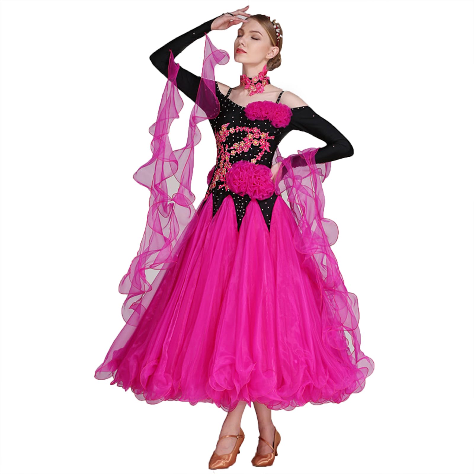 Damen Ballsaal Tanzkleid Moderner Walzer Tango Tanzkleidung Langarm Wettbewerb Performance Tanzkleid
