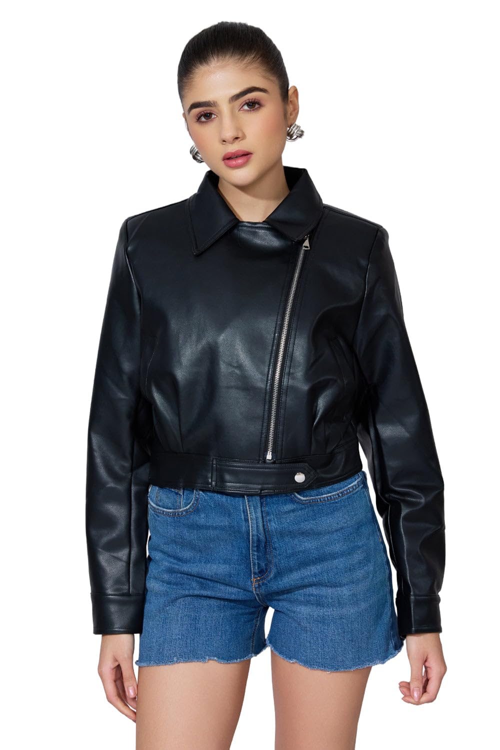 Edition Women's Black Faux Leather Biker Jacket with Asymmetric Zip-CHN-2097_Black-image-31