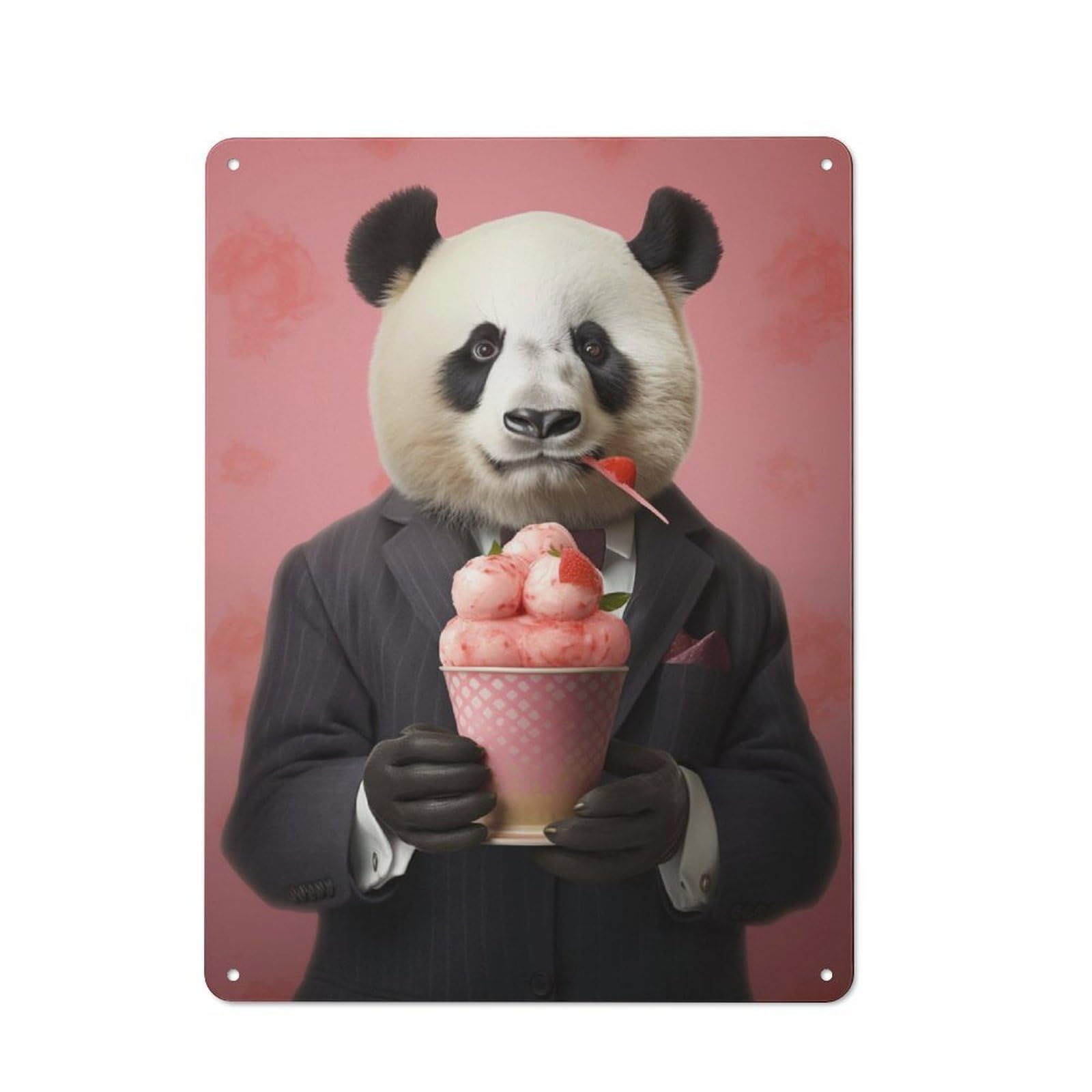 Junmoney Panda With Ice Cream Rustic Metal Plaque 40X30cm For Hobby Room Or Studio, For Vintage Wall Decor Fans, For Garage And Workshop Walls