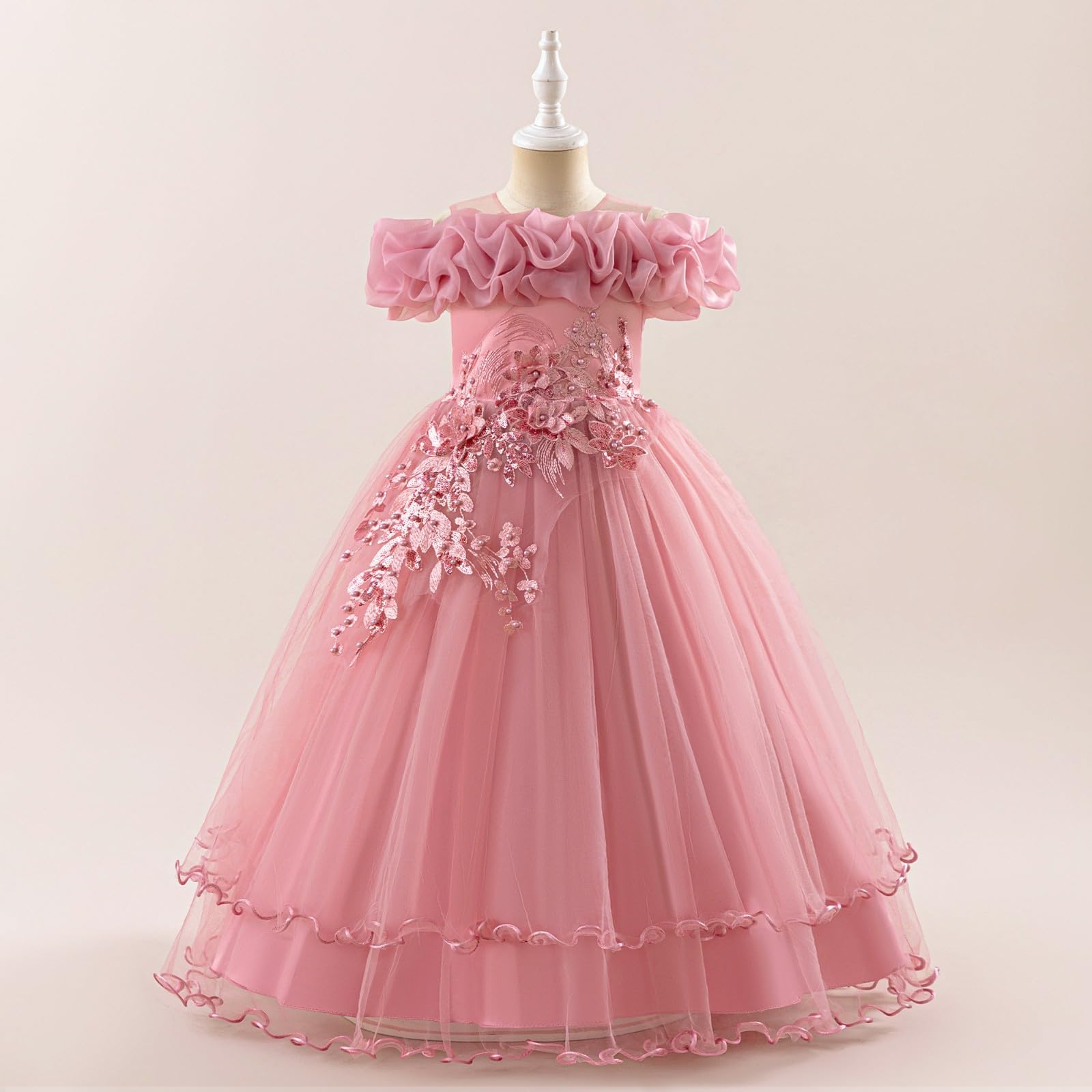 Vestido formal de tul con purpurina y hombros descubiertos para niñas, con adornos florales 3D, elegante vestido de fiesta de dama de honor con volantes, para cumpleaños, de 5 a 12 años