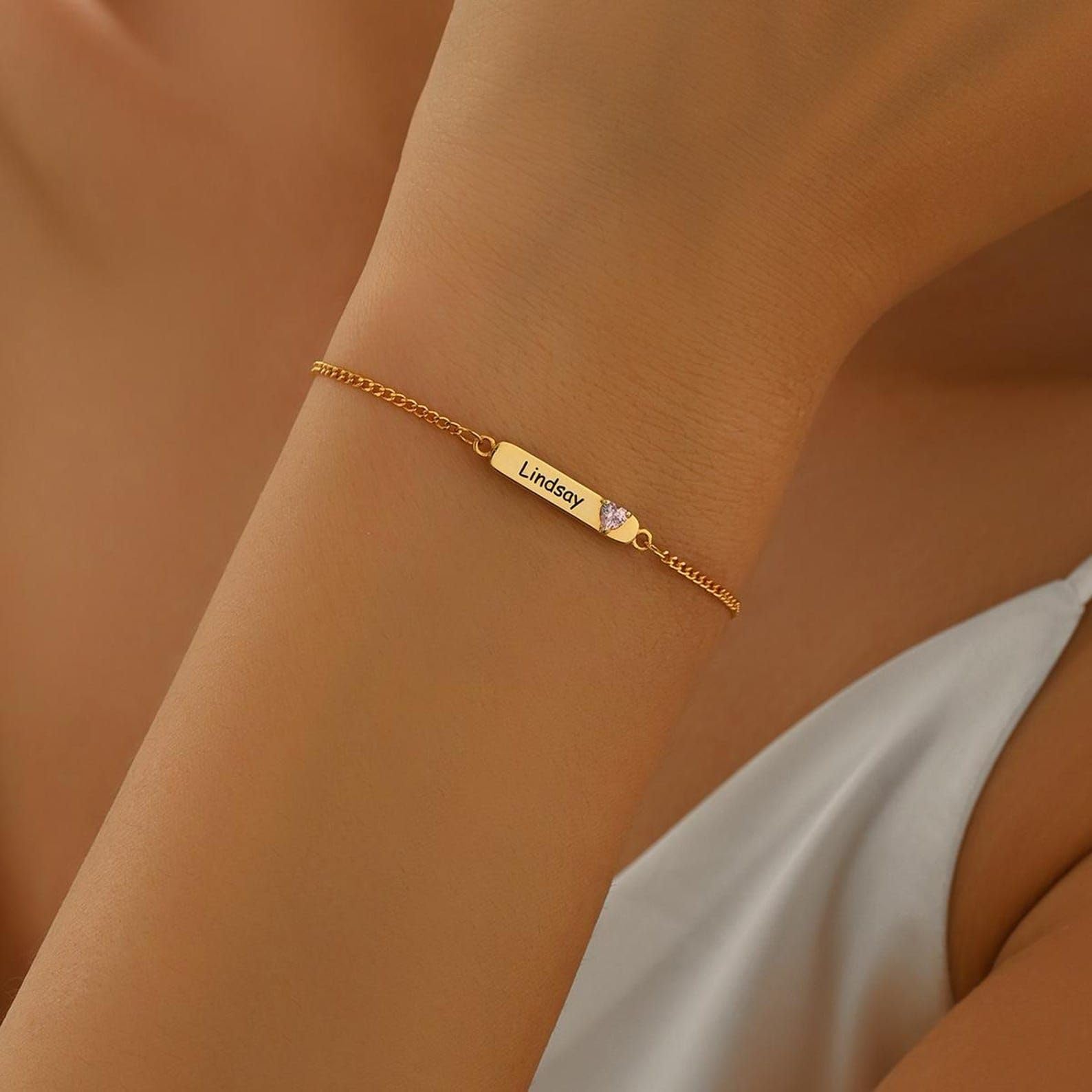 Nombre barra Pulsera de piedra de nacimiento 925 Pulsera de oro de plata con piedras preciosas Nombre grabado para mamá cumpleaños Día de la madre