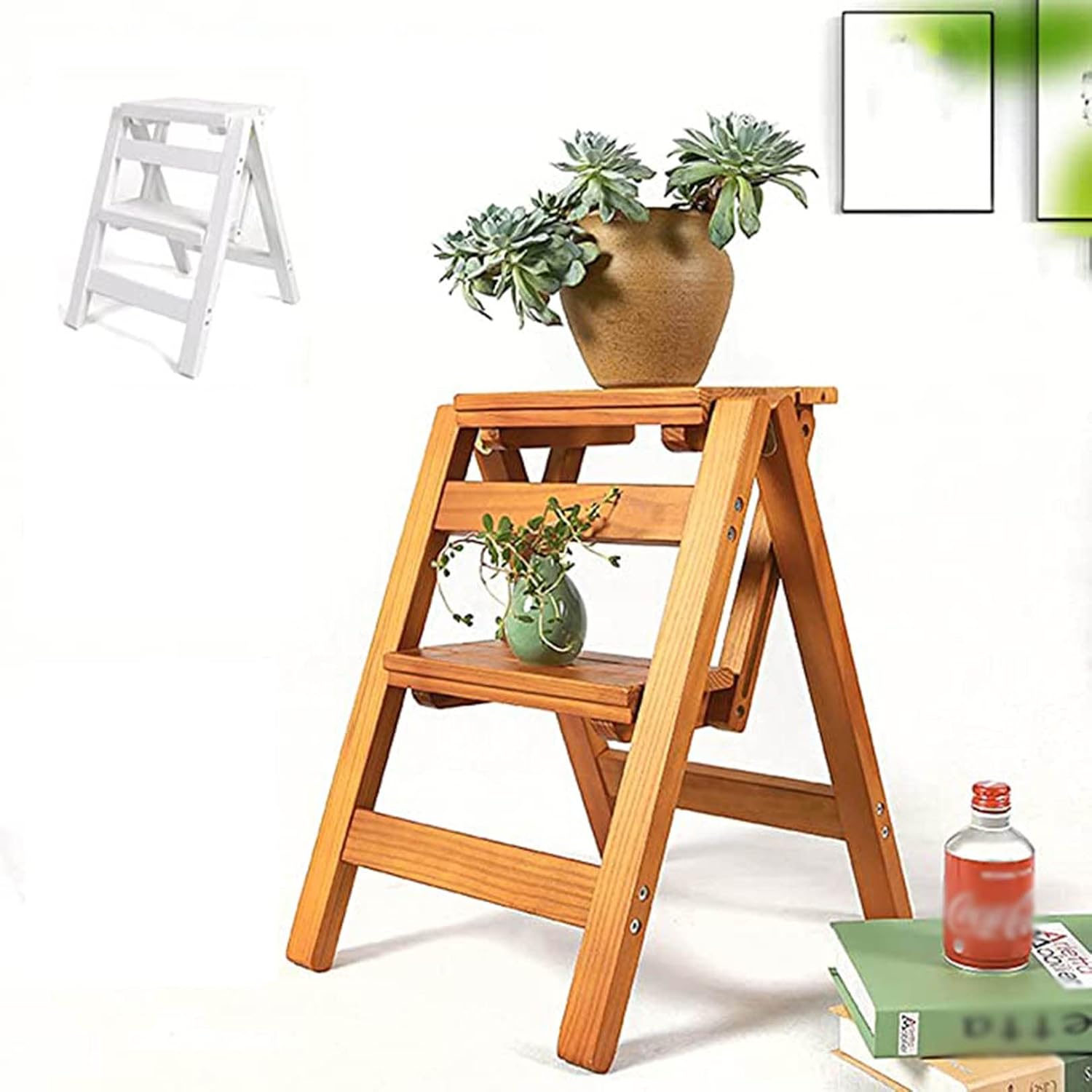 Step Ladder 2 Step Stool Folding Step Stools for Adults with Anti-Slip Sturdy and Wide Pedal Stepladder M (Natural R)