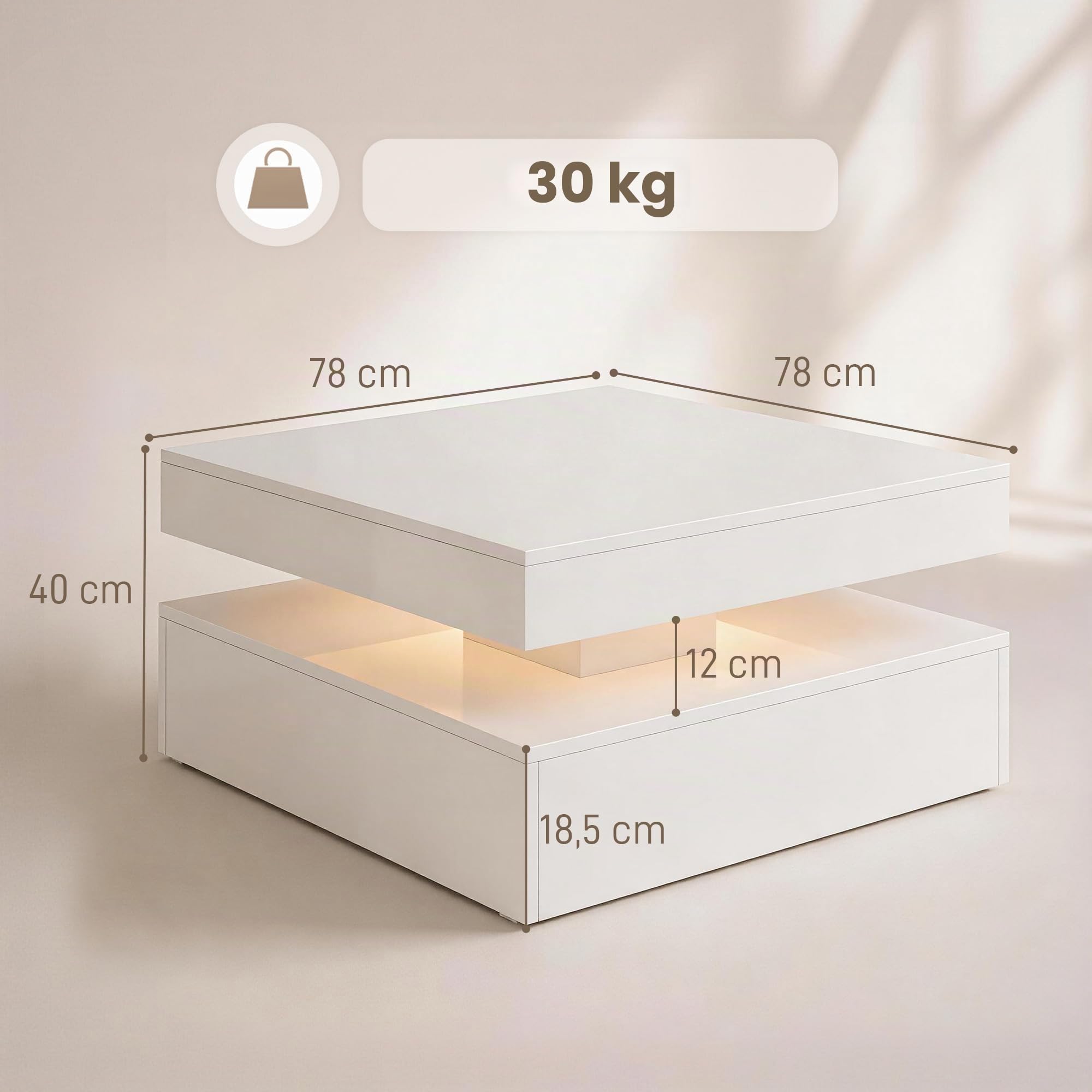 HOMCOM Mesa de Centro con LED RGB de 7 Colores 78x78x40 cm Blanco | Mesa de Café para Salón, Alto Brillo, con Mando a Distancia, Almacenamiento Abierto, Comedor, Oficina