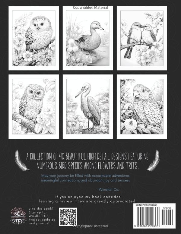 Relaxing Coloring Book for Adults Feather and Bloom: 40 Beautiful High Detail Images for Coloring of Birds and Flowers | Variety of Species | Nature ... for Adults, Teens and Seniors | Grayscale - Image 2