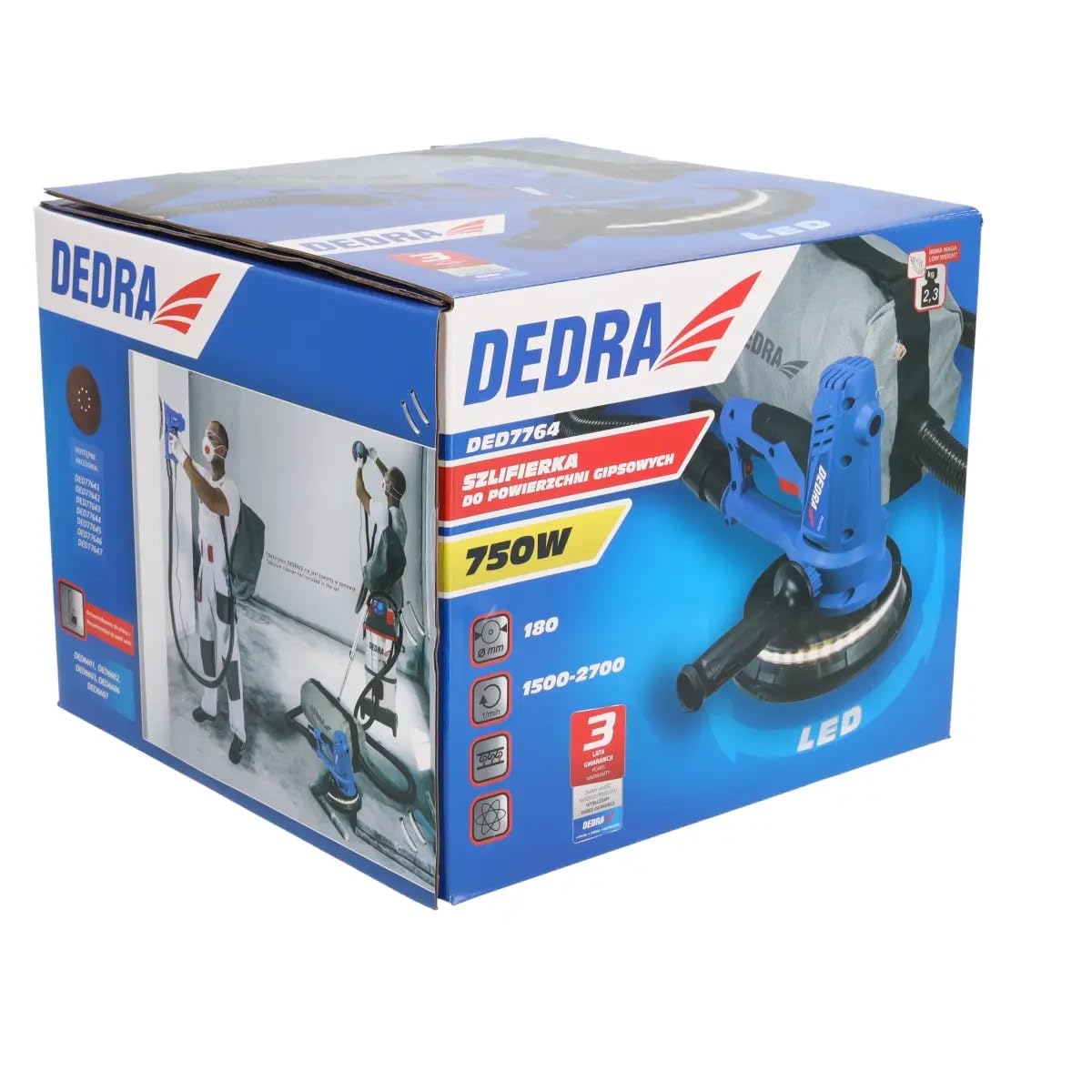 Levigatrice a secco a mano con luce LED DEDRA, 750 W, 1500-2700 giri/min, 180 mm, per la lavorazione del gesso, con aspirazione della polvere, peso 3,1 kg, cavo lungo 4 m