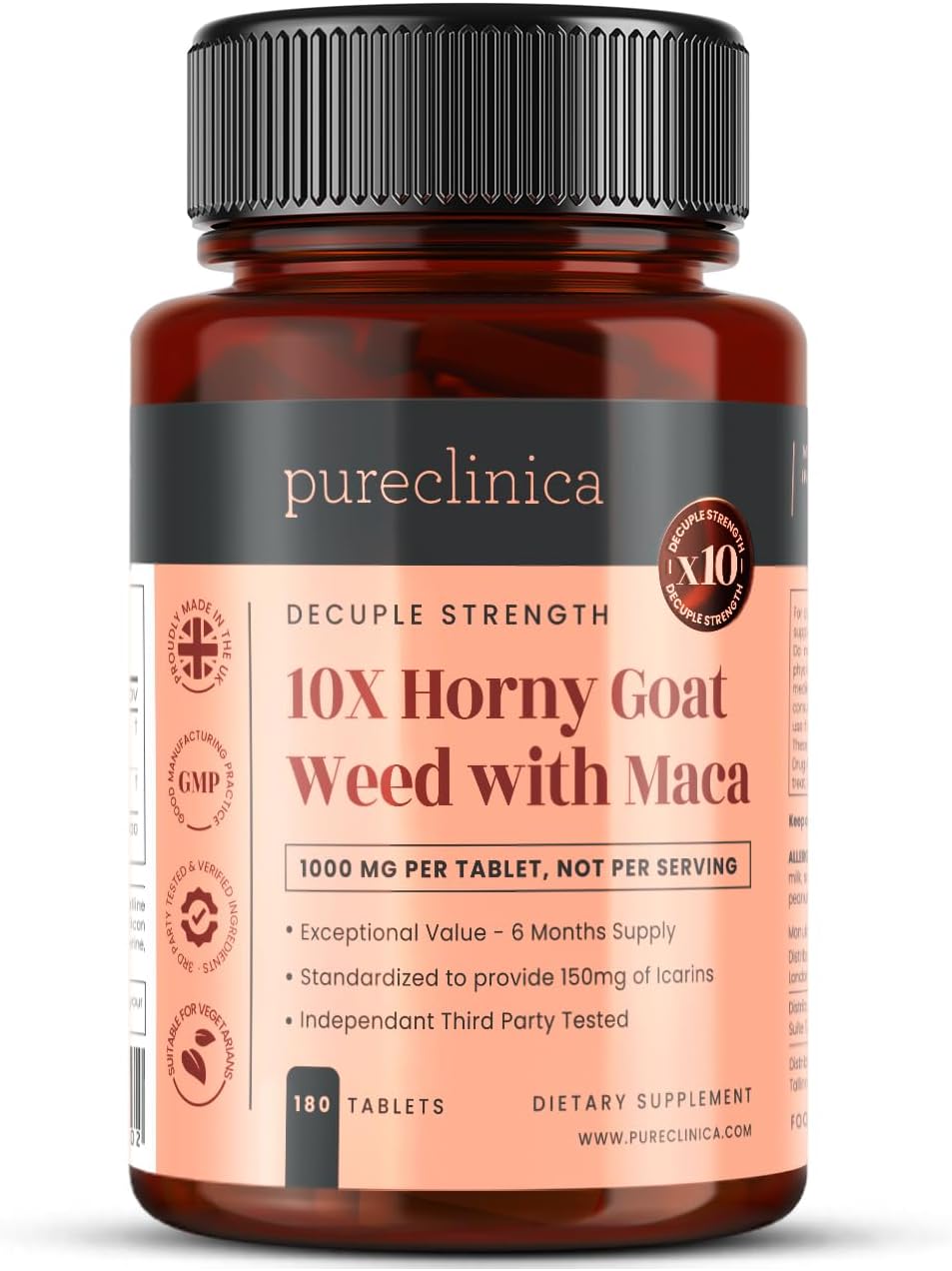 pureclinica Horny Goat Weed & Maca 1000mg – 180 Tablets (6 Month Supply) – 10X Icariins Strength – w/Black Pepper for 300% Absorption – Energy, Libido & Performance Support