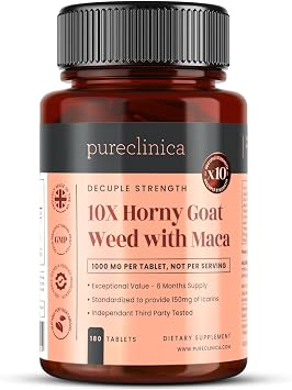 pureclinica Horny Goat Weed & Maca 1000mg 180 Tablets 6 Month Supply 10X Icariins Strength w/Black Pepper for 300% Absorption Energy, Libido & Performance Support