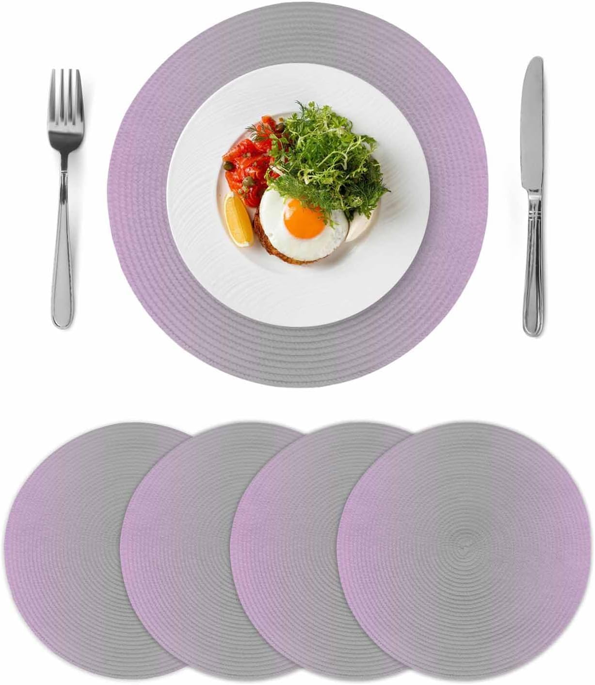 Light Purple Grey Ombre Round 13 Inch Placemats Set of 4, Modern Abstract Gradient Color Art HeatResistant Non Slip Place Mats for Dining Table, Wipeable Braided Kitchen Table Mats for Housewarming