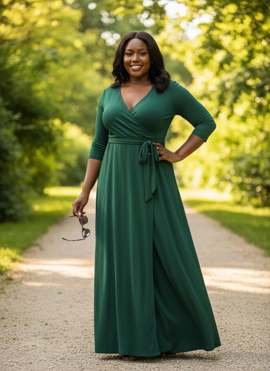 FANDEE Women's 2026 Maxi Dress - Solid Color Bohemian Summer Long Maxi Dress V-Neck 3/4 Sleeve - Image 3