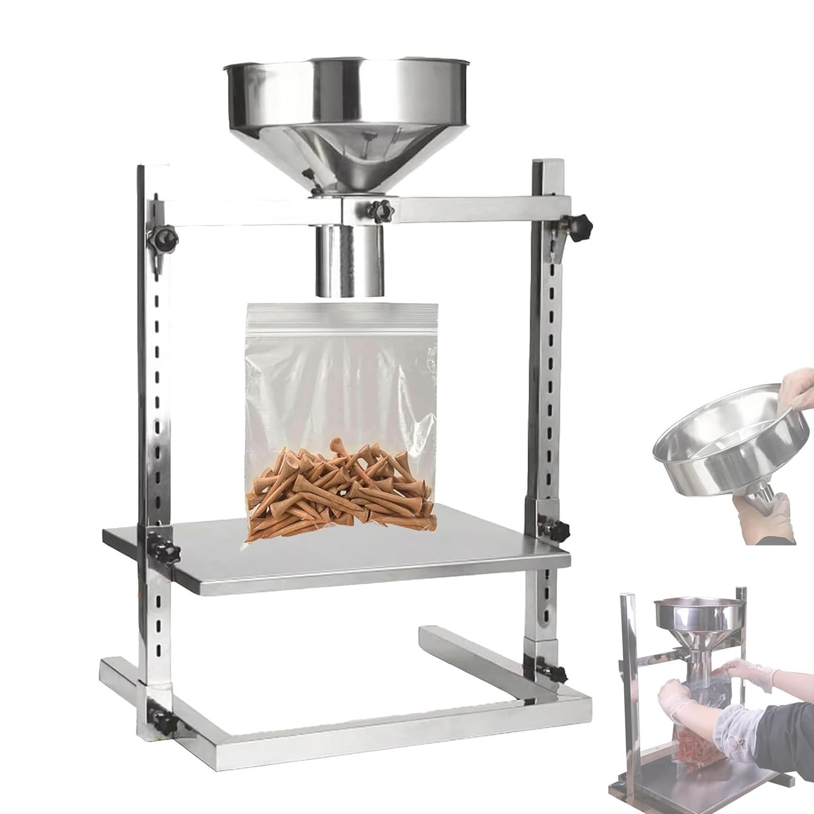 Tolva de alimentación de acero inoxidable, embudo de llenado manual con soportes dobles, altura ajustable y base de carga mejorada, para envasado de polvo, líquido y gránulos 1.2cm