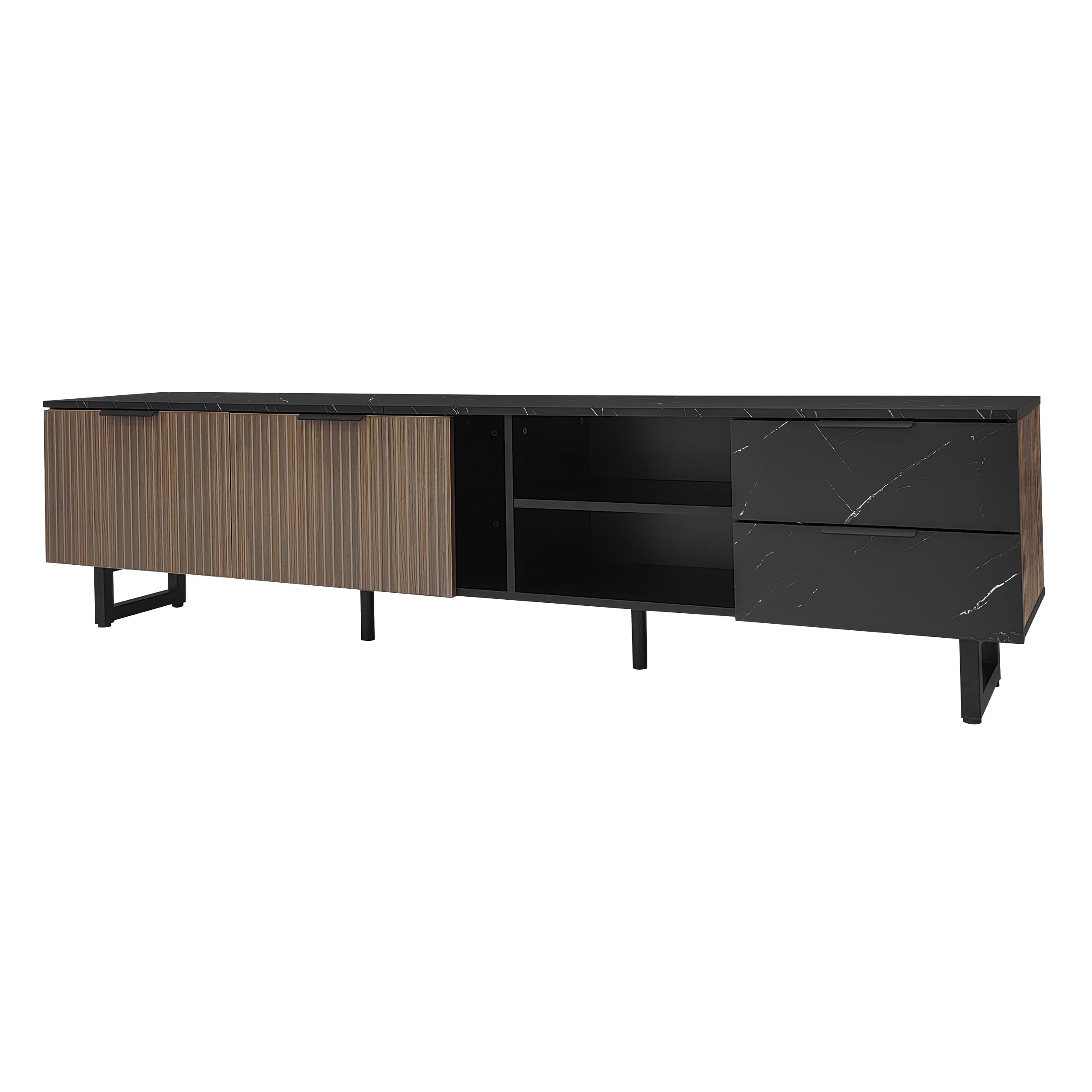 Mobile TV da 200 cm con effetto marmo nero e ante in venatura di legno, illuminazione a LED, due ante, due cassetti, ampio spazio di archiviazione, ideale per soggiorno e arredamento moderno