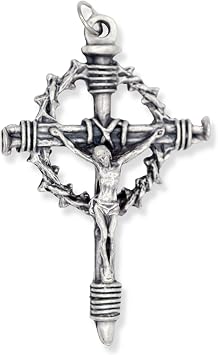 Pack of 1 - Large Jesus Crown of Thorns and Nails Crucifix Rosary Part - 2 1/4" Italian Silver Oxidized Finish Cross for Rosary Making or Large Crucifix Necklace Pendant for Catholic Men, Military, Soldiers, Bikers, and More!
