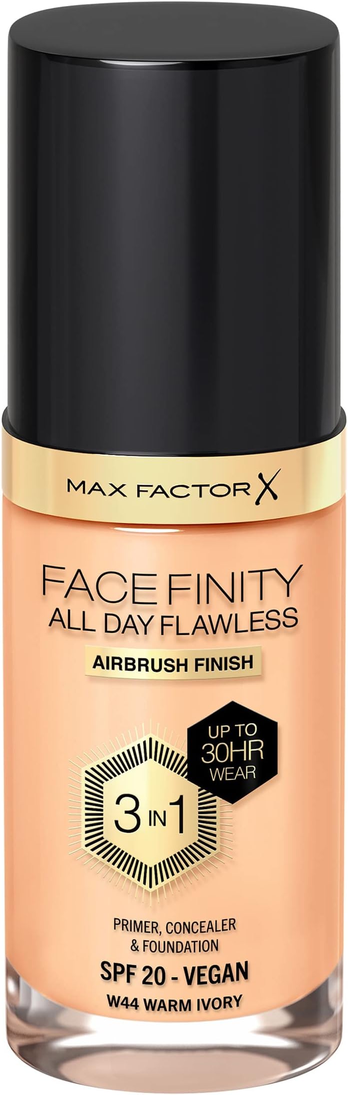 Facefinity 3-in-1 All Day Flawless Liquid Foundation, SPF 20 - 44 Warm Ivory, 30 ml