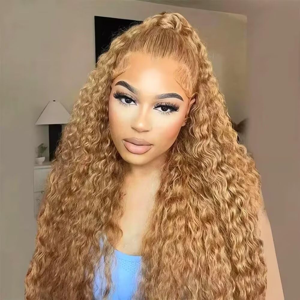 Honey Blonde Deep Wave Human Hair Invisible HD Lace Front Wig Pre Plucked Baby Hair 180% Density Full End 13X4 Lace Front Curly Glueless Wigs Brazilian Vrigin Blonde Wigs For Woman 14Inch