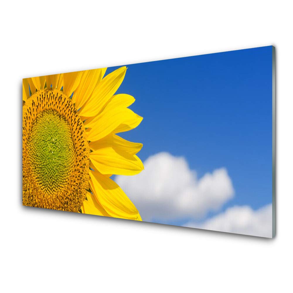 Tableau sur verre trempé 100x50 cm avec motif de tournesols et nuages