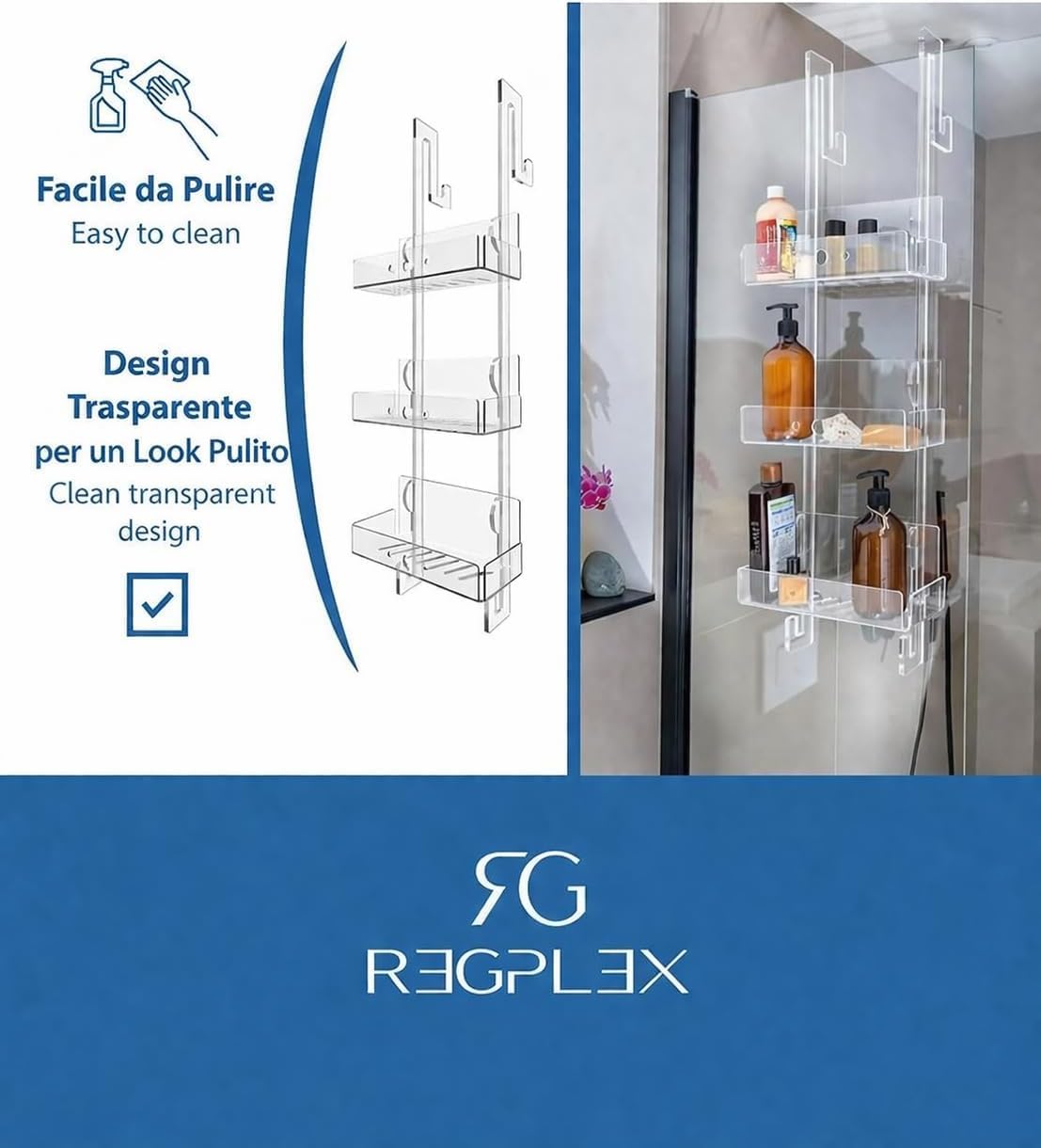 REGPLEX Porta Shampoo Doccia Plexiglass Trasparente Organizer Bagno 3 Mensole Montaggio Senza Viti Adatto Box 26-40 mm