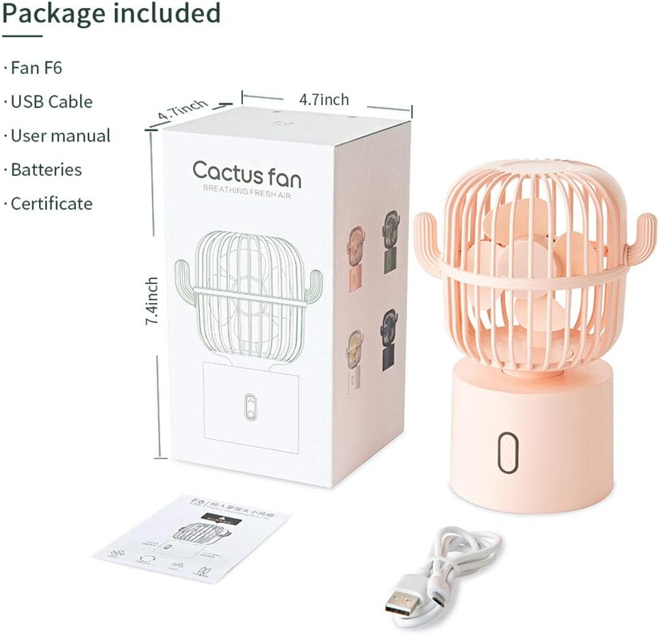 Cactus Mini Handheld Table Rechargeable 80 Degree Auto Rotation 3 Speeds for Room Home Office Outdoor Travel Cactus Desktop Fan